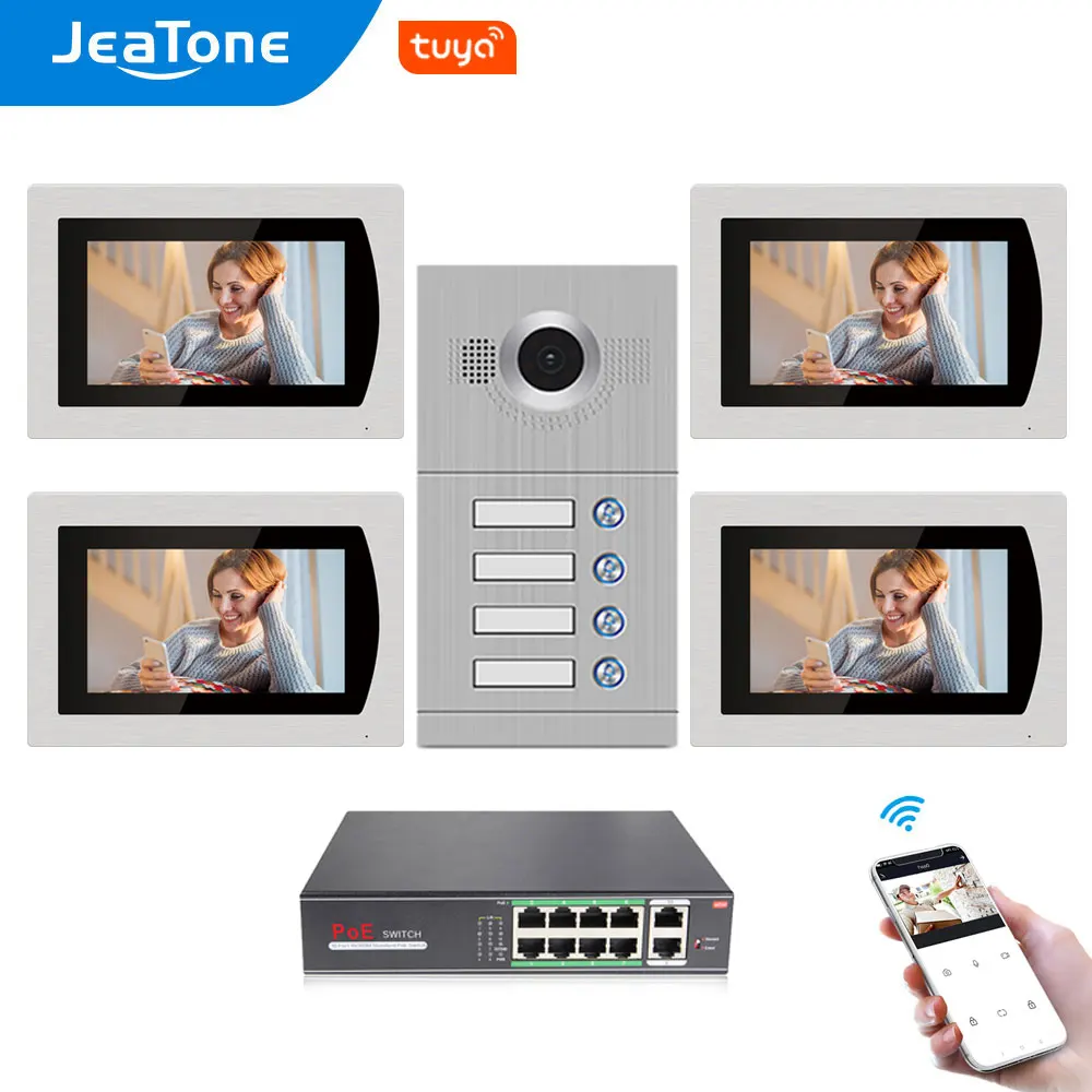 Jeatone 7 ''сенсорный экран WiFi IP видео телефон двери для 4 квартиры с 8 зонами