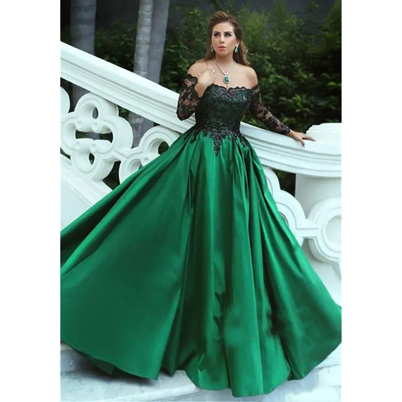 Sparkly Black Lace Green Satin Evening Dresses Off Shoulder Long Sleeve Floor Length Formal Wedding Party Gowns Prom Dress
Sparkly Black Lace Green Satin Evening Dresses Off Shoulder Long Sleeve Floor Length Formal Wedding Party Gowns Prom Dress