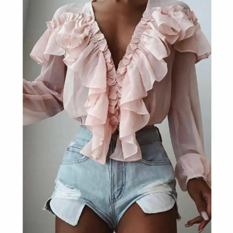 Women V-Neck Chiffon Ruffles Pink Blouse Casual Street Vacation Long Sleeve Fashion OL Tops
Women V-Neck Chiffon Ruffles Pink Blouse Casual Street Vacation Long Sleeve Fashion OL Tops