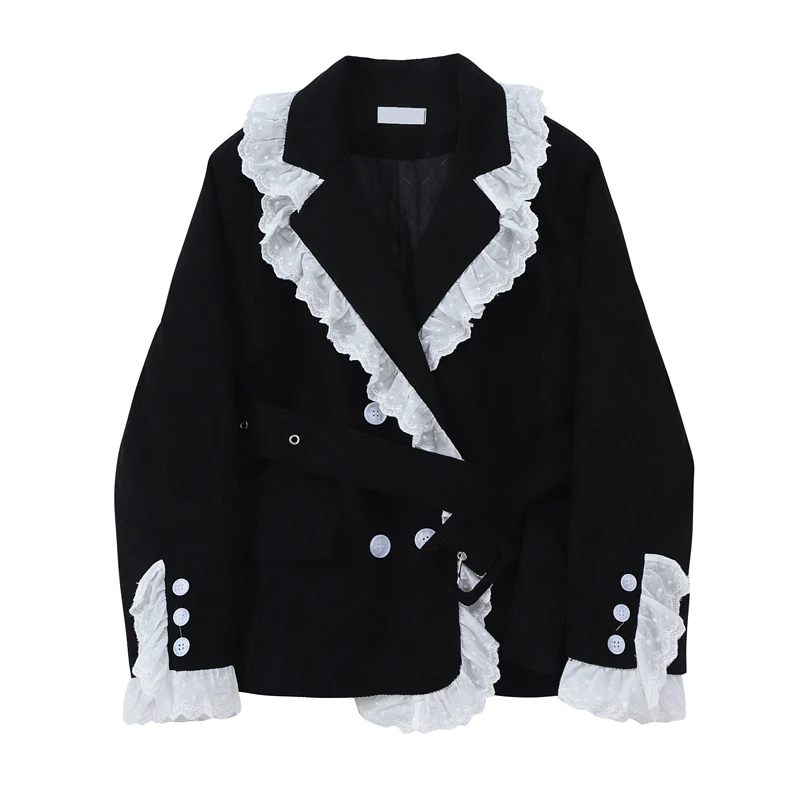 2022 Korean Retro Ruffle Spliced Blazer Jacket Coat Double Breasted Black Corduroy Outwear Office Lady Stylish OL Chic Overcoat
2022 Korean Retro Ruffle Spliced Blazer Jacket Coat Double Breasted Black Corduroy Outwear Office Lady Stylish OL Chic Overcoat