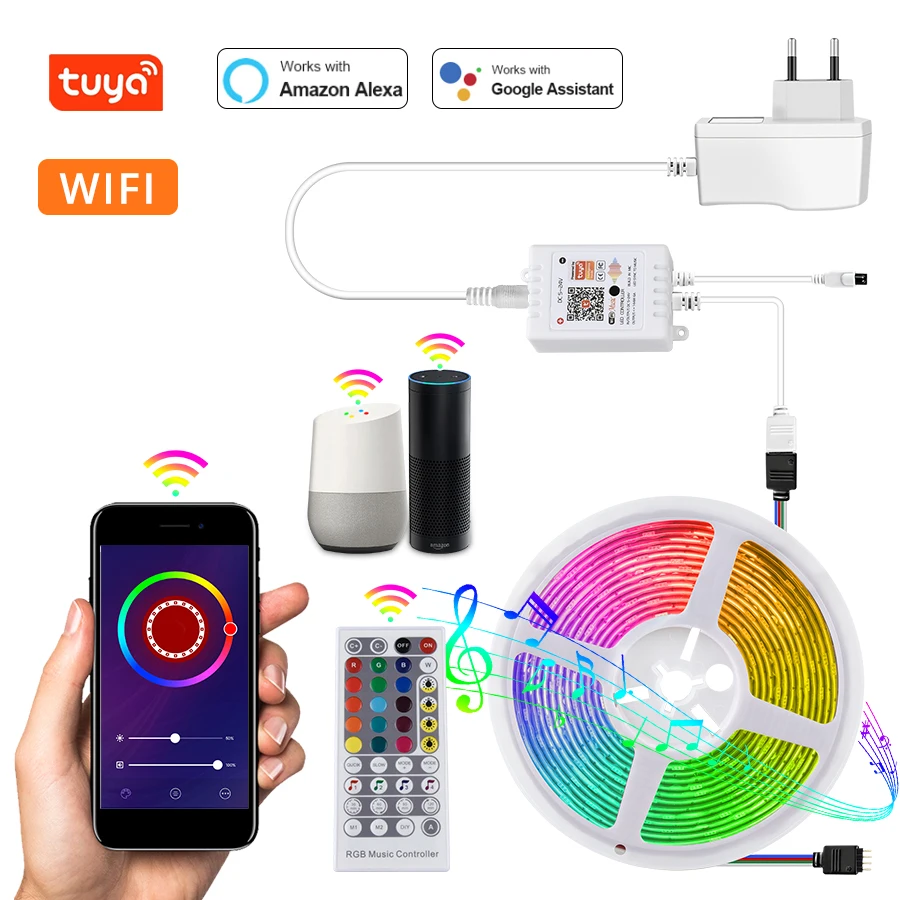 Tuya WiFi Smart LED Strip Light 12V RGB 5050SMD Work with Alexa Google Home Voice Control Flexible Ribbon Tape LED Lights Strip
Tuya WiFi Smart LED Strip Light 12V RGB 5050SMD Work with Alexa Google Home Voice Control Flexible Ribbon Tape LED Lights Strip