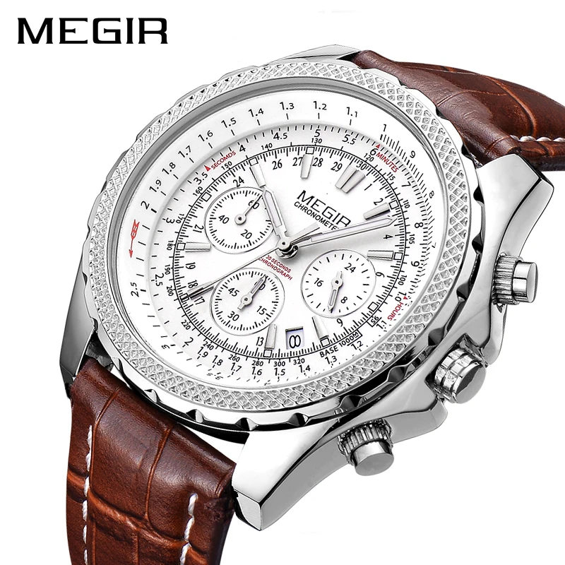 Мужские часы MEGIR модные кварцевые с кожаным ремешком Спортивные наручные