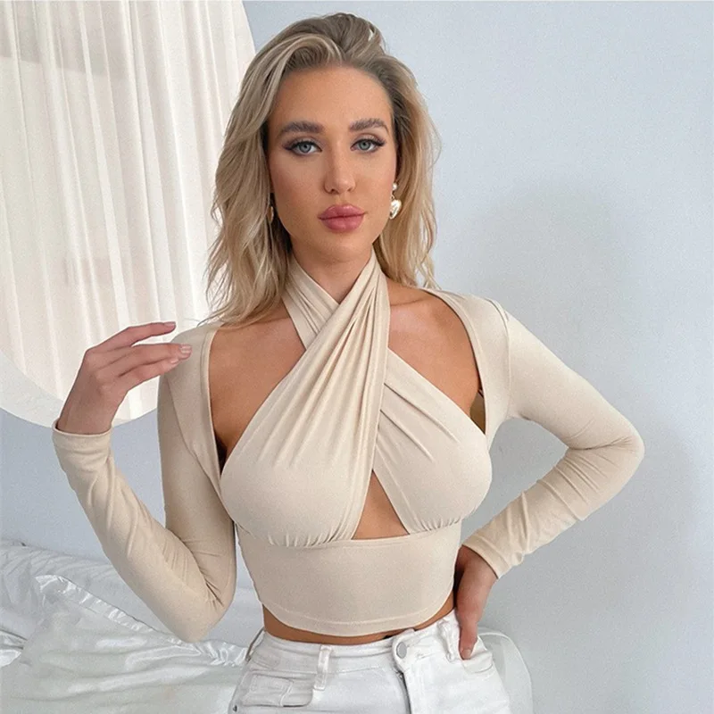 Women's 2021 new long-sleeved T-shirt European and American sexy cross-neck hollow solid color bottoming shirt ladies top
Women's 2021 new long-sleeved T-shirt European and American sexy cross-neck hollow solid color bottoming shirt ladies top