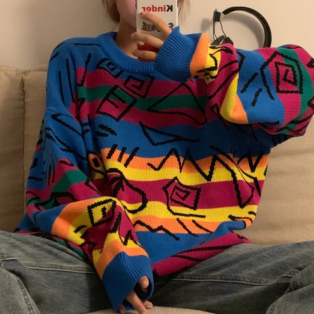 Pullover Women Jumper Chic Retro Sweater Crazy Style Loose Pull Femme Rainbow Striped Knit Sweater Long Sleeve Patch Pullover
Pullover Women Jumper Chic Retro Sweater Crazy Style Loose Pull Femme Rainbow Striped Knit Sweater Long Sleeve Patch Pullover