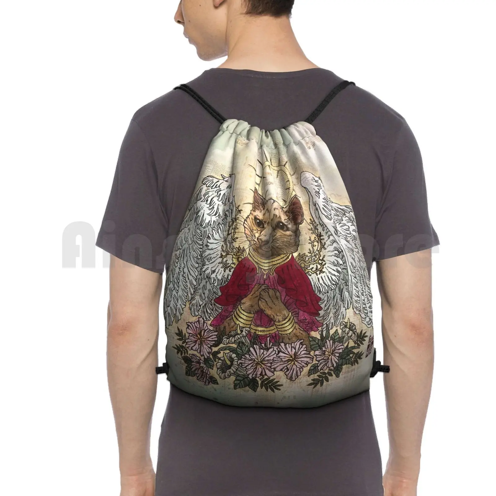 

Angelic Ebi Backpack Drawstring Bag Riding Climbing Gym Bag Steampunk Cat Angel Anthro Anthropomorphic Character Cartoon