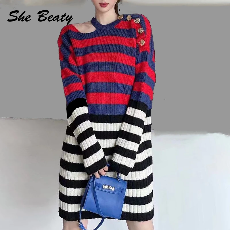 She Beaty Runway Fashion Sweater Dress Women O-Neck Button Up Striped Hollow Out Off-Shoulder Casual Knitted Long Pullovers Ropa
She Beaty Runway Fashion Sweater Dress Women O-Neck Button Up Striped Hollow Out Off-Shoulder Casual Knitted Long Pullovers Ropa