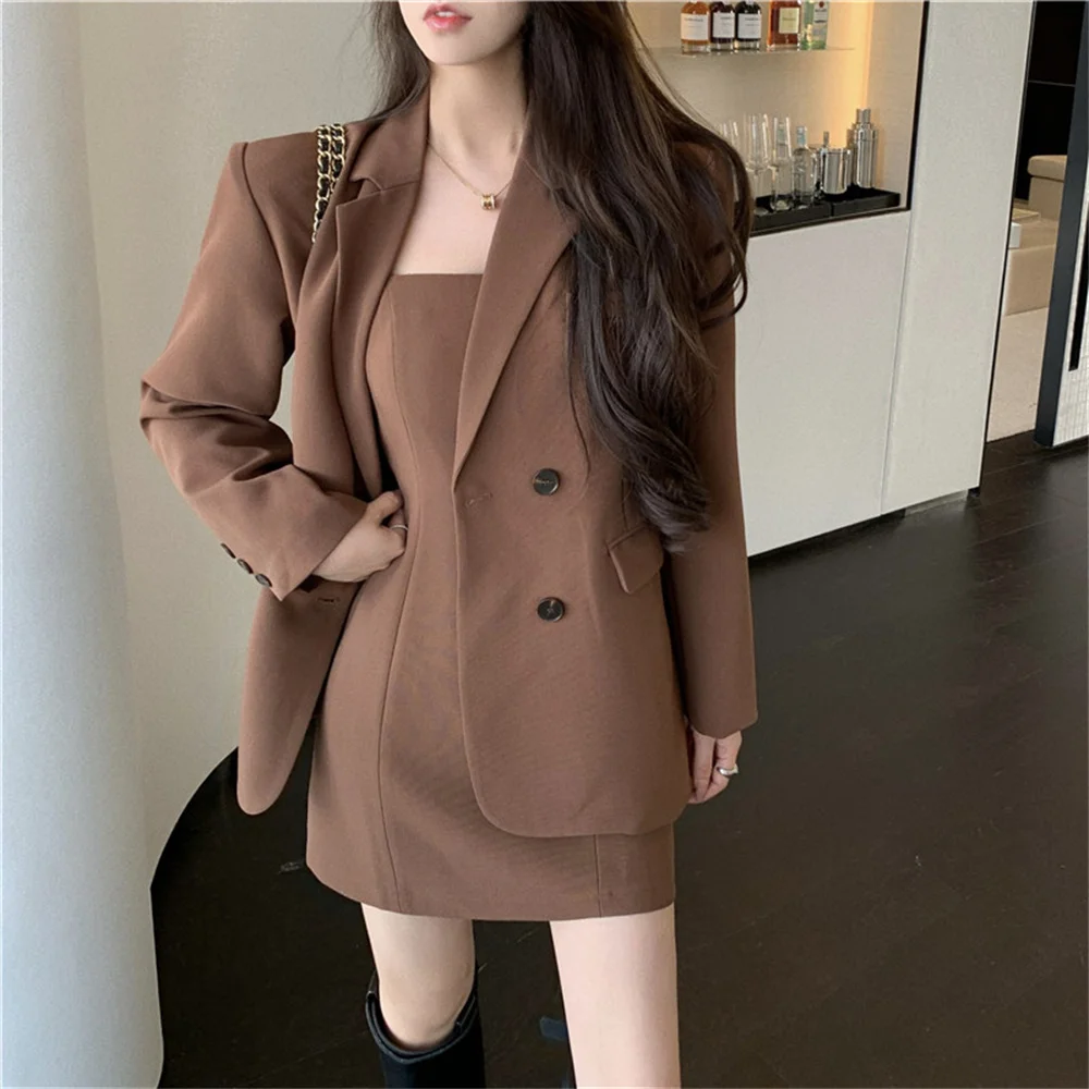 Women High Quality Two Pieces Sets Fashion Slim-Fit Brown Blazers Casual Elegant Work Wear Autumn Slip Mini Dress
Women High Quality Two Pieces Sets Fashion Slim-Fit Brown Blazers Casual Elegant Work Wear Autumn Slip Mini Dress