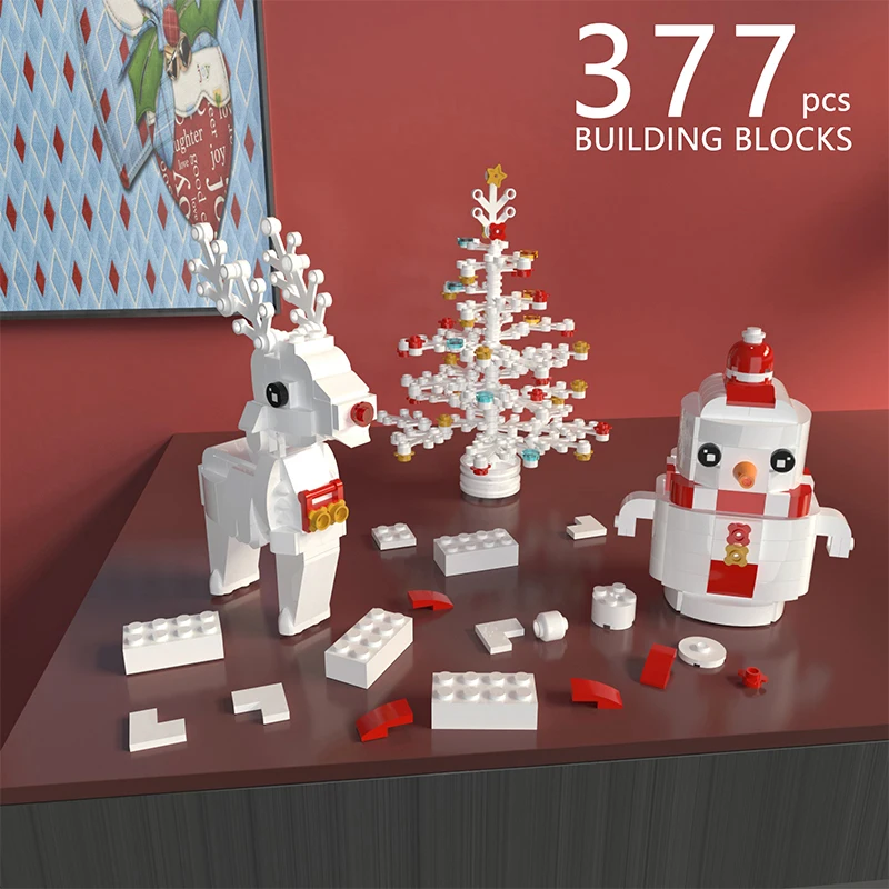 

MOC Christmas Theme Scene Snowman Tree Deer Building Blocks Kit Mini Gift Box Small Train Bricks Toys Children Kid Xmas Gift