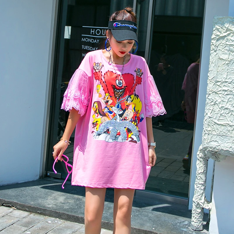 Thailand Tide brand sequins cartoon printed T-shirt women's long section loose lace stitching short sleeve dress
Thailand Tide brand sequins cartoon printed T-shirt women's long section loose lace stitching short sleeve dress