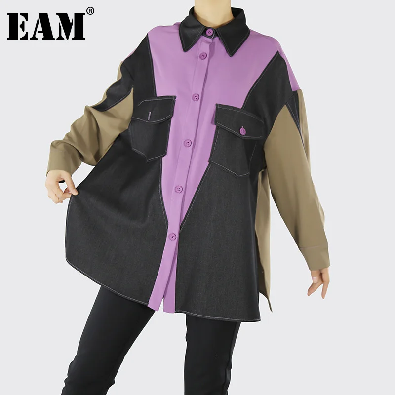 

[EAM] Женская разноцветная блуза большого размера, желтая блузка, новая свободная рубашка с длинными рукавами и отворотом, модная весенне-осе...