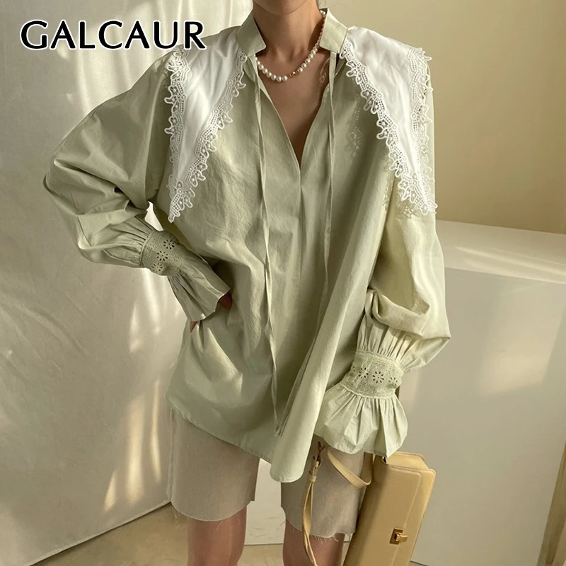 GALCAUR Patchwork Lace Shirt For Women Lapel Collar Long Sleeve Casual Ruched Blouses Female Fashion Clothing 2021 Summer Style
GALCAUR Patchwork Lace Shirt For Women Lapel Collar Long Sleeve Casual Ruched Blouses Female Fashion Clothing 2021 Summer Style