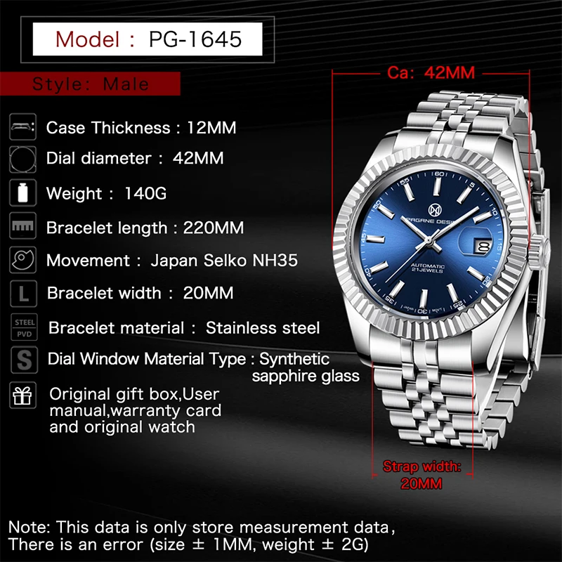 PAGRNE DESIGN brand classic watch for men mechanical watch NH35A stainless steel waterproof automatic watches relogio masculino
PAGRNE DESIGN brand classic watch for men mechanical watch NH35A stainless steel waterproof automatic watches relogio masculino