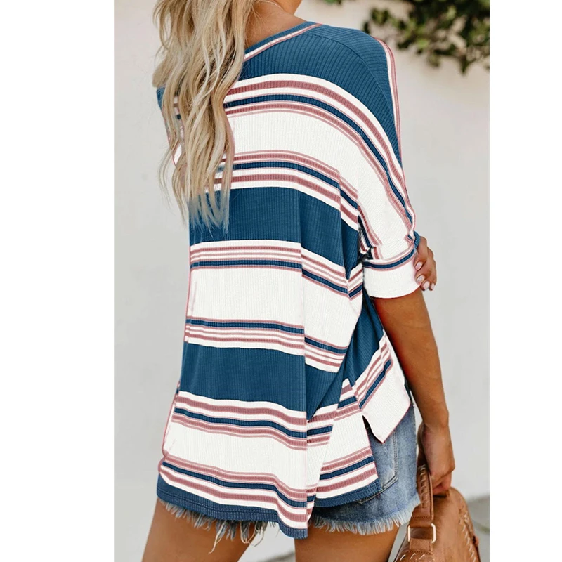 

Contrast Color Striped T-Shirt Women 2020 Summer Fashion New Diagonal Collar Half-Sleeved Asymmetric Loose T-Shirt Tide H0045