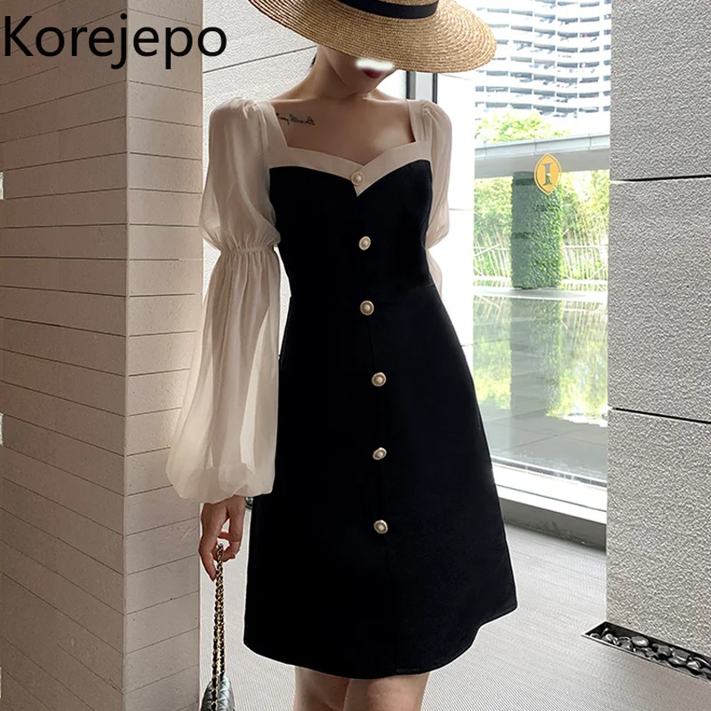 Korejepo Women Dress 2021 Autumn New French Elegant French Retro Square Collar Long-sleeved Color Contrast Black Dresses Female
Korejepo Women Dress 2021 Autumn New French Elegant French Retro Square Collar Long-sleeved Color Contrast Black Dresses Female