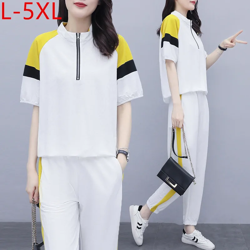 5XL Plus Size 2021 New Summer Tracksuit For Women Patchwork Stand Collar Tops + Elastic Waist Pants Ladies Suits Female Sets
5XL Plus Size 2021 New Summer Tracksuit For Women Patchwork Stand Collar Tops + Elastic Waist Pants Ladies Suits Female Sets