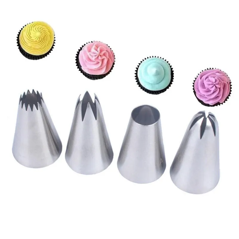 

4Pcs Large Icing Piping Nozzles For Decorating Cake Baking Cookie Cupcake Piping Nozzle Stainless Steel Pastry Tips #4B#1M#1A#2D