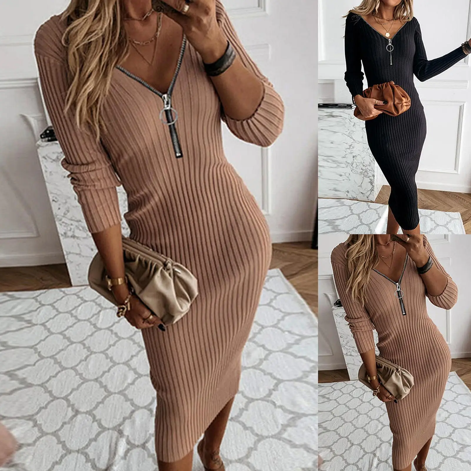 Sexy Women Autumn Streetwear Zip V Neck Long Sleeve Backless Ribbed Knit Bodycon Midi Party Dress
Sexy Women Autumn Streetwear Zip V Neck Long Sleeve Backless Ribbed Knit Bodycon Midi Party Dress