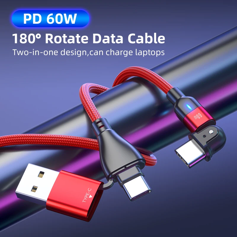 2 в 1 540 вращение PD 60 Вт USB C к кабель для Macbook Pro Samsung Huawei Xiaomi или A Type 3A Быстрая зарядка