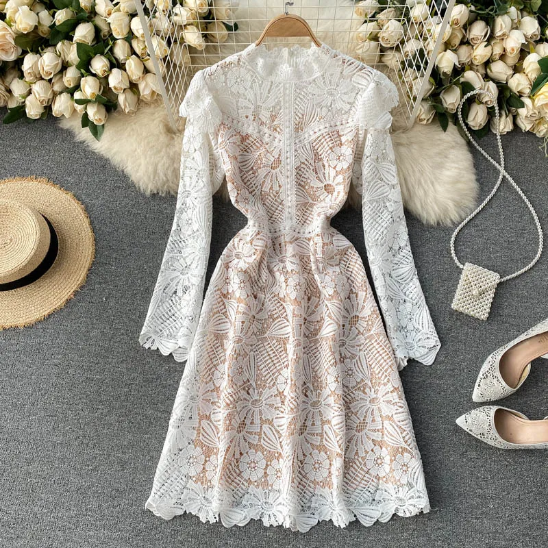Women Elegant Korean Style O-Neck Pink Dress Hollow Out A-Line Party Dress Fashion Spring Autumn Long Sleeve Lace Dress
Women Elegant Korean Style O-Neck Pink Dress Hollow Out A-Line Party Dress Fashion Spring Autumn Long Sleeve Lace Dress