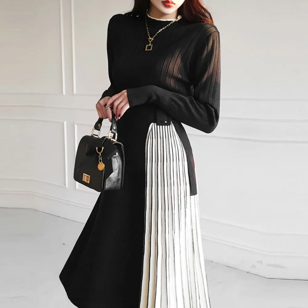 Chic Korean Winter Autumn Knitted Dress Women's Rabbit Wool Patchwork O Neck Long Sleeve Runway A Line Sweater Midi Dress M7373
Chic Korean Winter Autumn Knitted Dress Women's Rabbit Wool Patchwork O Neck Long Sleeve Runway A Line Sweater Midi Dress M7373