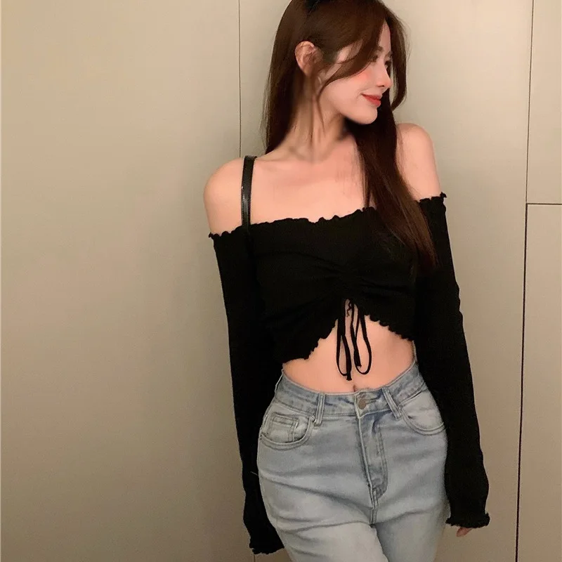 Women's Slim Off Shoulde Drawstring Long Sleeve Short T-shirt Slim Sexy Off Shoulder Slash Neck Tee Shirts Top Fashion Crop Tops
Women's Slim Off Shoulde Drawstring Long Sleeve Short T-shirt Slim Sexy Off Shoulder Slash Neck Tee Shirts Top Fashion Crop Tops
