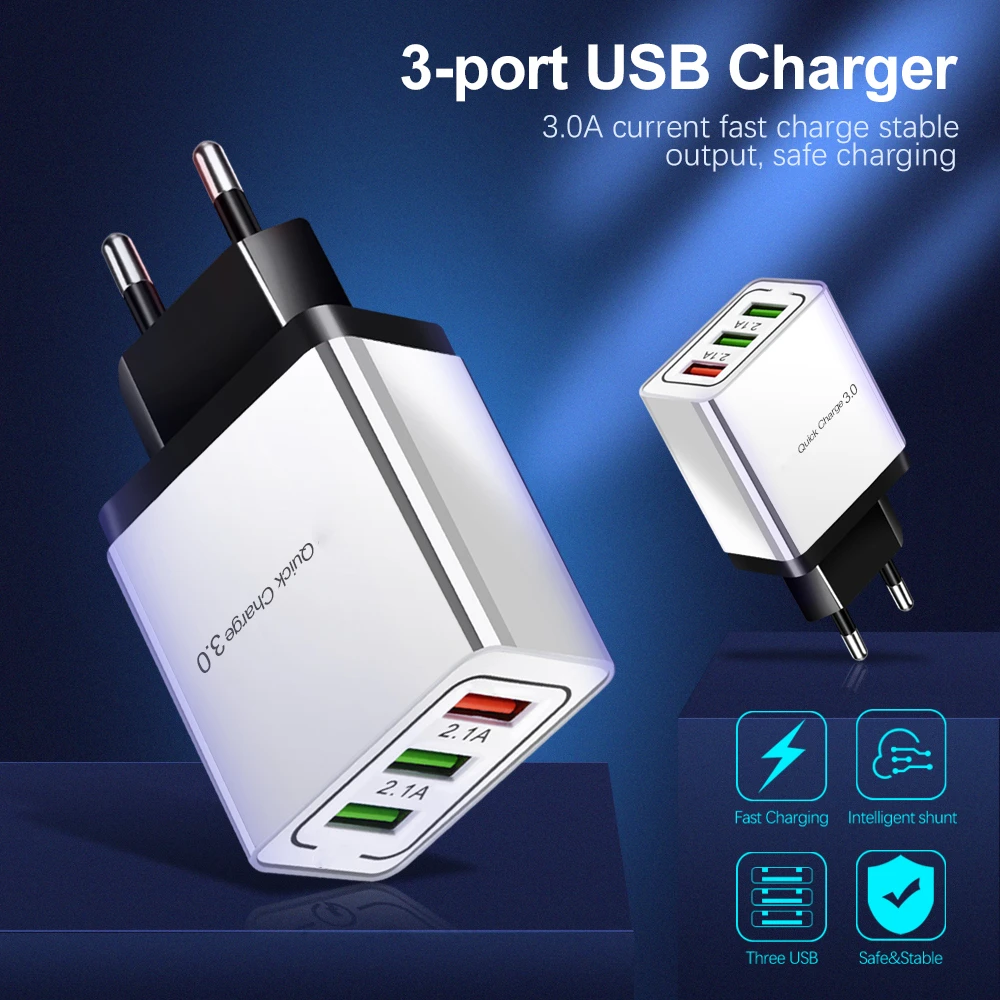 Quick Charge 3.0 USB Charger for Samsung S9 S10 Xiaomi Huawei 5V 3A Fast Charging 3 Ports Phone For iphone 11 XR XS | Мобильные
