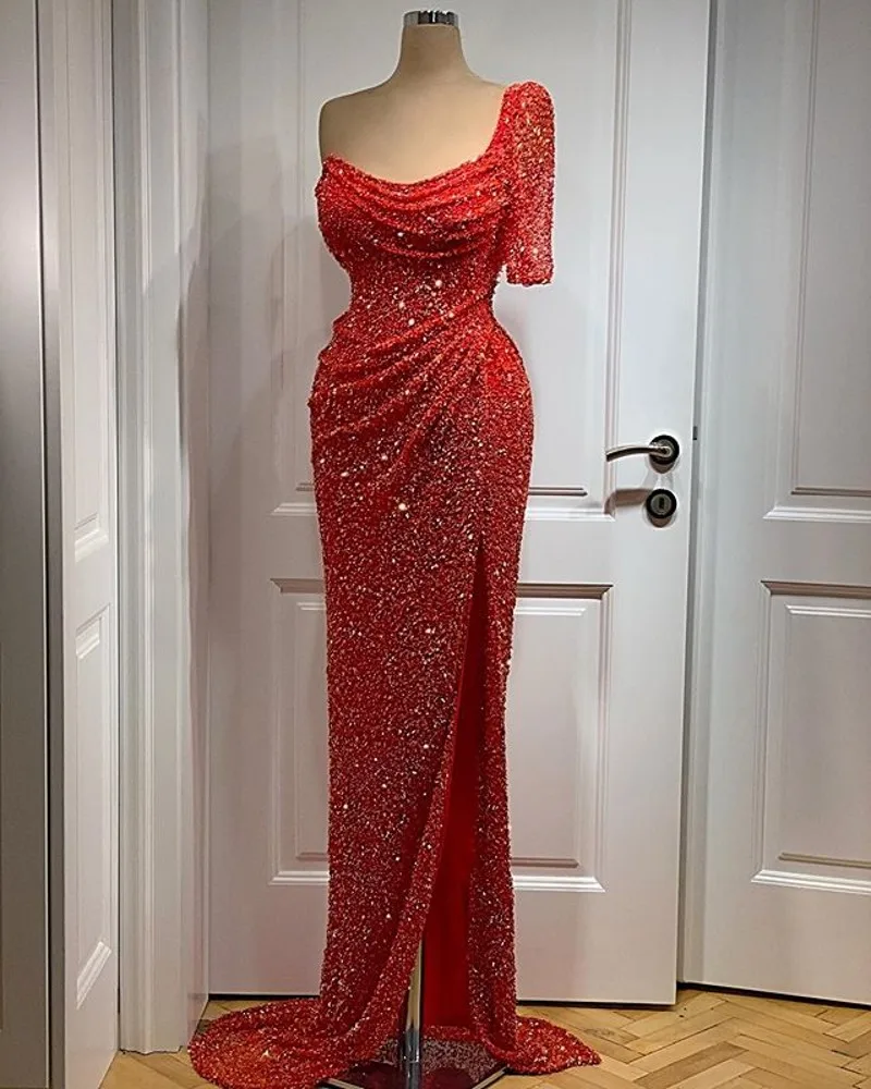 Red Sequined One Shoulder Prom Dresses Half Sleeves Side Split Evening Gowns Floor Length Cheap Party Wear vestidos de fiesta
Red Sequined One Shoulder Prom Dresses Half Sleeves Side Split Evening Gowns Floor Length Cheap Party Wear vestidos de fiesta