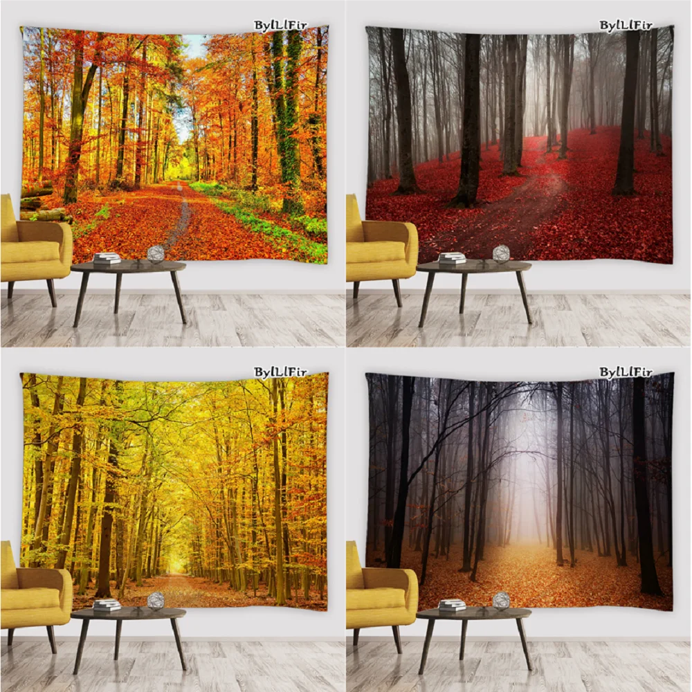 

Autumn Forest Landscape Tapestry Yellow Trees Fallen Leaves From Scenery Wall Hanging Living Room Bedroom Aesthetics Room Decor