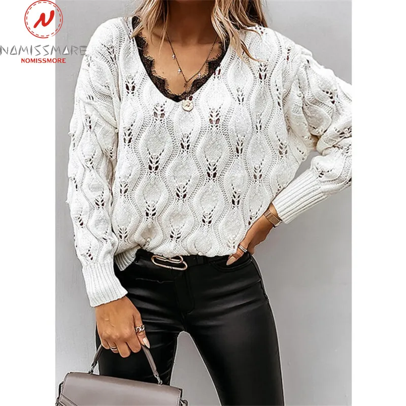 Women Solid Color Sweaters Hollow Out Design Lace Decor See Through V-Neck Long Sleeve Spring Autumn Casual Loose Knitted Top
Women Solid Color Sweaters Hollow Out Design Lace Decor See Through V-Neck Long Sleeve Spring Autumn Casual Loose Knitted Top