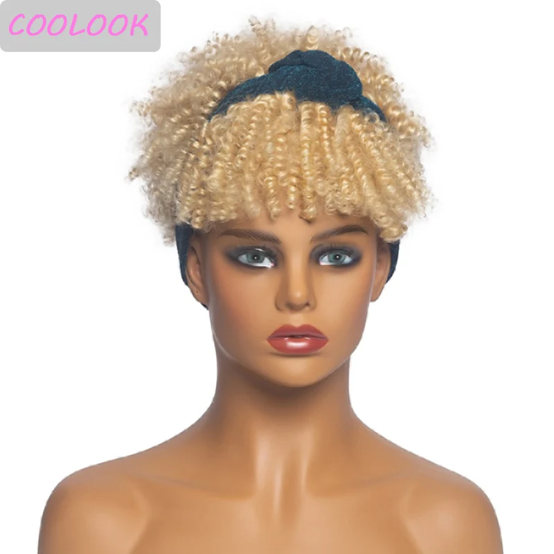 

613 blonde short curly headband wig afro kinky curly women's wigs with bangs synthetic ombre brown afro curly turban wig cosplay