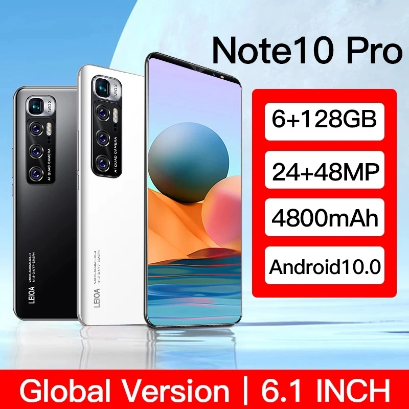 Note 10 Pro Smart Phone 8GB 256GB Smartphone 6.1" MTK 6763 10 Core 4g Network Mobile Phone Android 10.0 4800mAh Cell Phone touch
Note 10 Pro Smart Phone 8GB 256GB Smartphone 6.1" MTK 6763 10 Core 4g Network Mobile Phone Android 10.0 4800mAh Cell Phone touch