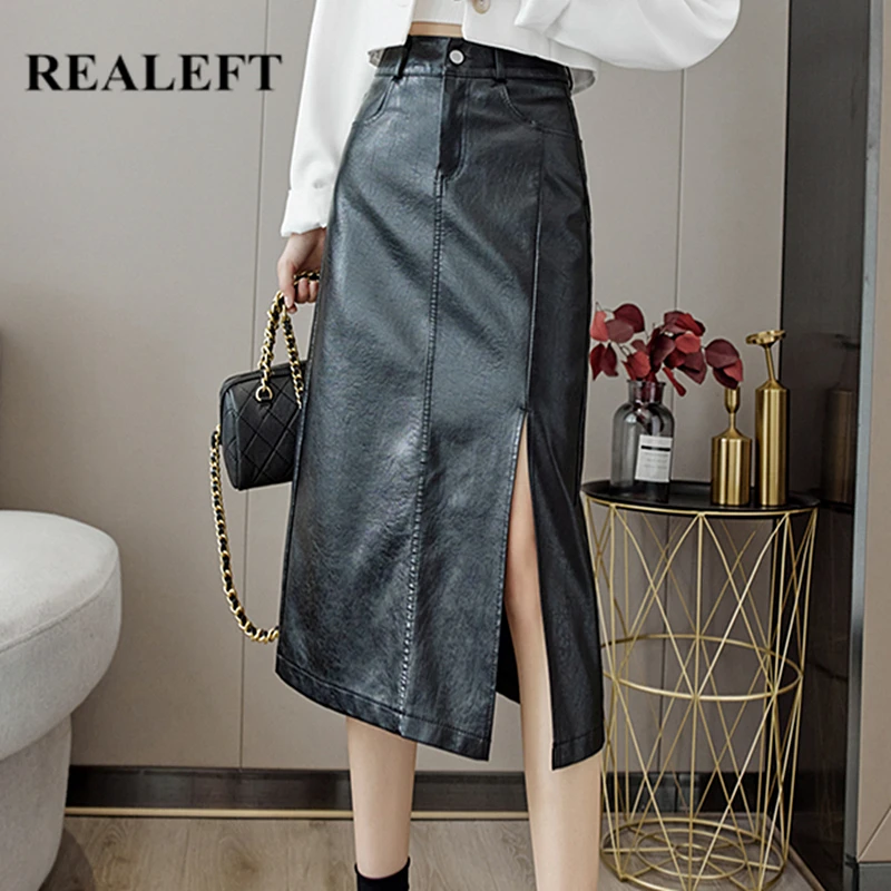 REALEFT 2021 New Winter PU Leather Skirts for Women Fashionable High Waist Side Split Midi Length Black A-line Skirts Female
REALEFT 2021 New Winter PU Leather Skirts for Women Fashionable High Waist Side Split Midi Length Black A-line Skirts Female