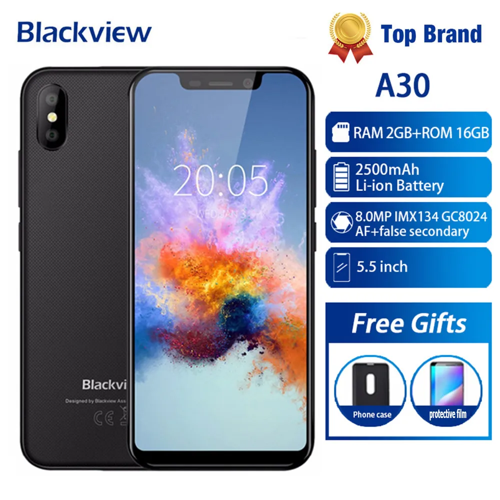

Blackview A30 смартфон с 5,5-дюймовым 19:9, четырёхъядерным процессором MTK6580A, ОЗУ 2 Гб, ПЗУ 16 Гб, Android 8,1, двумя sim-картами, 3G, распознаванием лица, 8MP мобил...