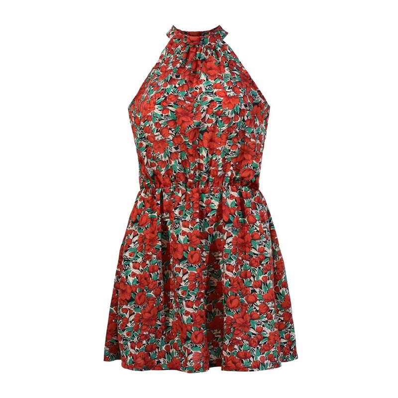 Summer Sexy Backless Floral Mini Dress Retro Short Sleeveless Dress Beach Casual Party Dress