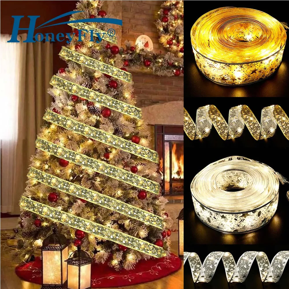 

HoneyFly LED Christmas Tree String Light Silk Ribbon Hanging Lamp Battery AA Powered Effect Fairy Icicle Lamp Christmas