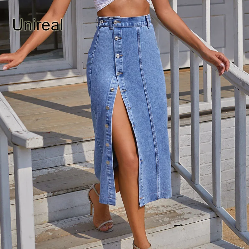 

Женская джинсовая юбка-карандаш Unireal, с разрезом и завышенной талией, однобортная синяя Облегающая Юбка-миди из денима, лето 2021