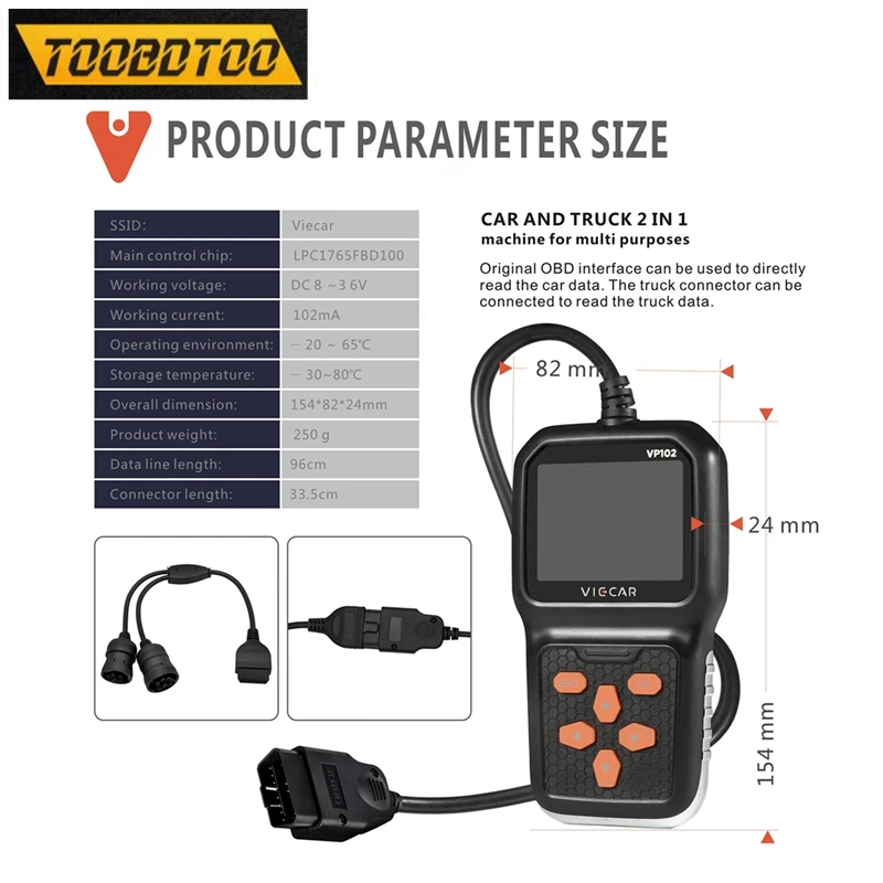 Viecar Vp102 OBD/EOBD Car Diagnostic Tool for Car for J1939/J1587/J1708 Heavy Duty Truck OBD2 Auto Scan Analyzer Code Reading
Viecar Vp102 OBD/EOBD Car Diagnostic Tool for Car for J1939/J1587/J1708 Heavy Duty Truck OBD2 Auto Scan Analyzer Code Reading