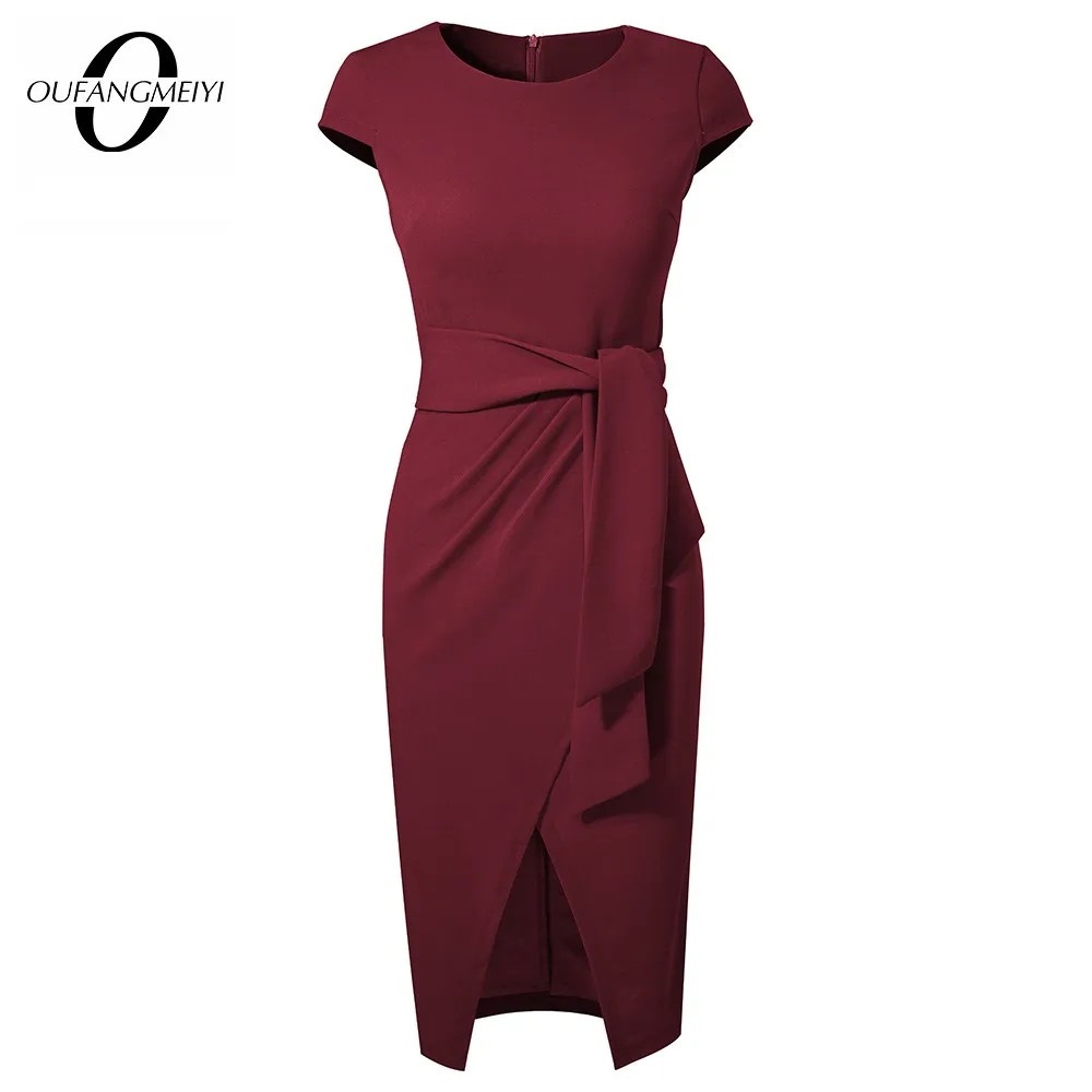 Women Brief Elegant Pure Color Cap Sleeve O Neck Lace Up Split Fitted Knee Length Dress EB702
Women Brief Elegant Pure Color Cap Sleeve O Neck Lace Up Split Fitted Knee Length Dress EB702