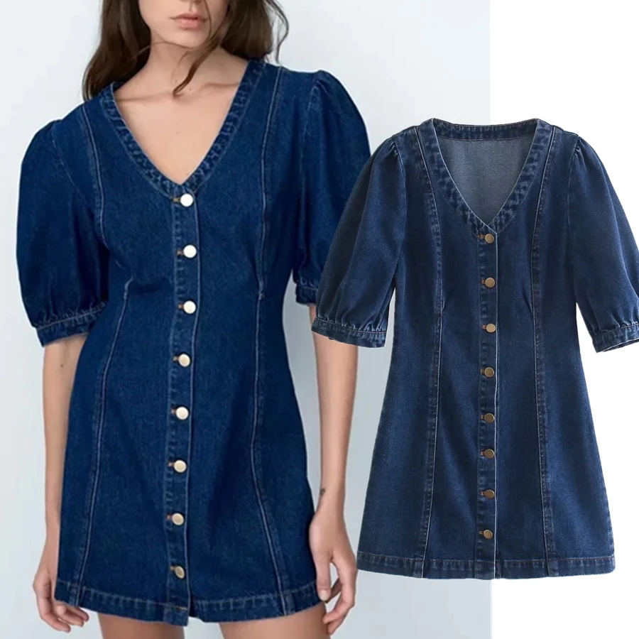 Withered England Style Single Breasted V-neck Denim Dress Women Vestidos High Street Vintage Puff Sleeve Sexy Mini Dresses Women
Withered England Style Single Breasted V-neck Denim Dress Women Vestidos High Street Vintage Puff Sleeve Sexy Mini Dresses Women