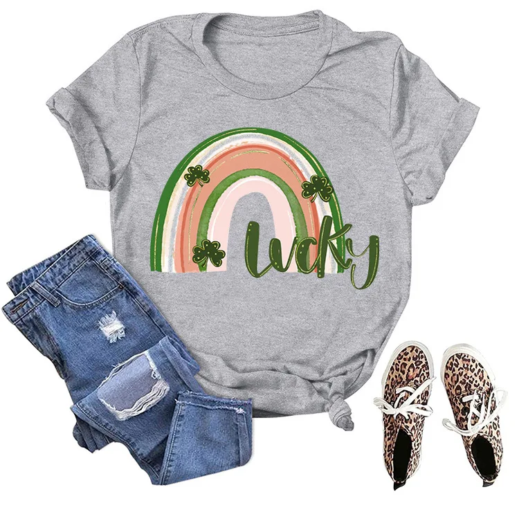 LUCKY Rainbow Letter Print Women T Shirt Short Sleeve O Neck Loose Women Tshirt Ladies Tee Shirt Tops Clothes Camisetas Mujer
LUCKY Rainbow Letter Print Women T Shirt Short Sleeve O Neck Loose Women Tshirt Ladies Tee Shirt Tops Clothes Camisetas Mujer