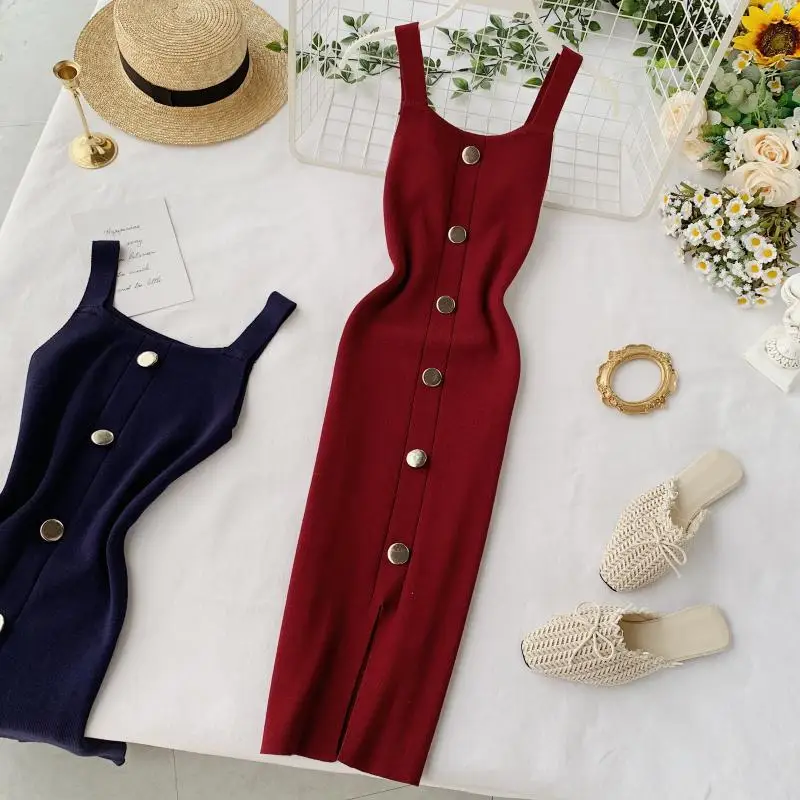 Women's Knitted Dress New Style Summer Sleeveless Bottom Office Lady Sheath Mid-Calf Spaghetti Strap Square Collar French Dress
Women's Knitted Dress New Style Summer Sleeveless Bottom Office Lady Sheath Mid-Calf Spaghetti Strap Square Collar French Dress