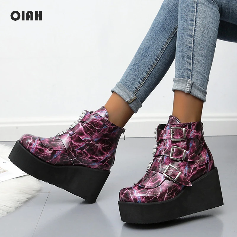 OIAH Women Ankle Creeper Boots Platform Metal Decoration Back Zipper Round Toe Print Punk Style Footwear Thick Heel Lady Shoes
OIAH Women Ankle Creeper Boots Platform Metal Decoration Back Zipper Round Toe Print Punk Style Footwear Thick Heel Lady Shoes