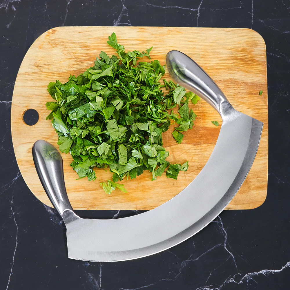 8.5 inch Stainless Steel Mezzaluna Knife Pizza Cutter Fruit Vegetable Salad Chopper Dicer With Curved Blade Kitchen Herb Mincer
8.5 inch Stainless Steel Mezzaluna Knife Pizza Cutter Fruit Vegetable Salad Chopper Dicer With Curved Blade Kitchen Herb Mincer