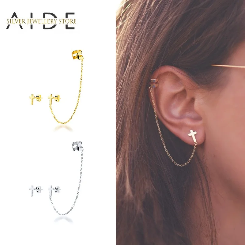 

AIDE 925 Sterling Silver Earrings for Women Asymmetric INS Cross Chain Ear Cuff Stud Piercing Earings Fine Jewelry Gift kolczyki