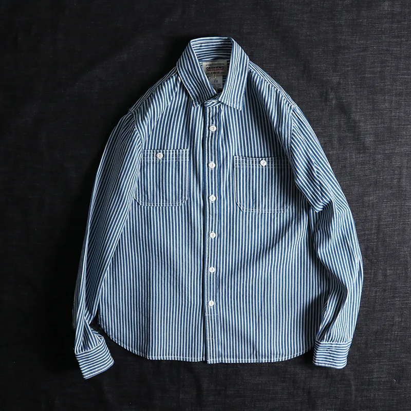 American AMI khaki shirt cotton double pocket blue and white vertical stripe work shirt men
American AMI khaki shirt cotton double pocket blue and white vertical stripe work shirt men