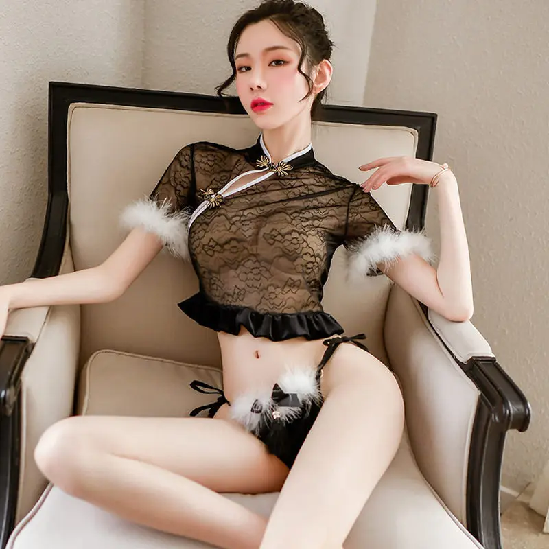 

2020 New Sexy lingerie sexy classical perspective lace cheongsam uniform temptation pajamas passion hot suit show