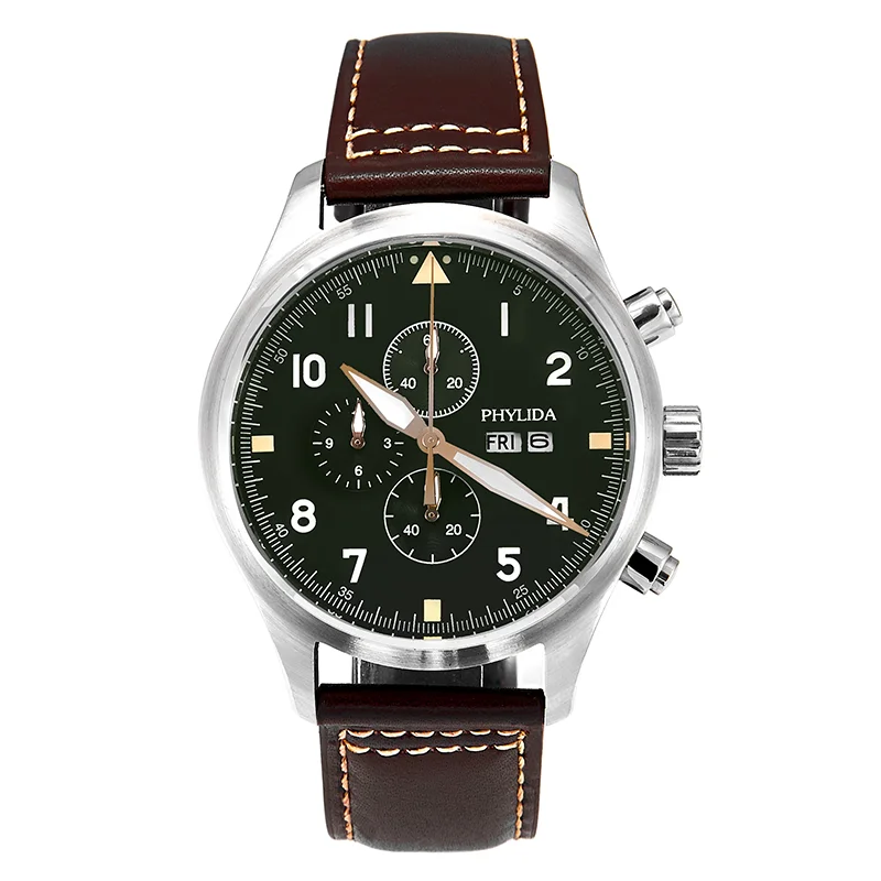 

5ATM MIYOTA 45mm Pilot's Watch Green Dial 3EYES Chronograph Day/Date Full Luminous Domed Sapphire Crystal Leather Strap PHYLIDA