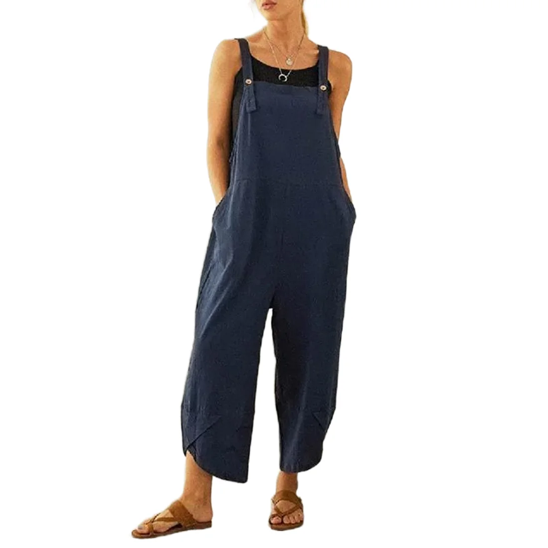 

Women's Casual Cotton Loose Solid Color Sleeveless Button Closure With Pocket Suspenders Wide-Leg Jumpsuit Overalls