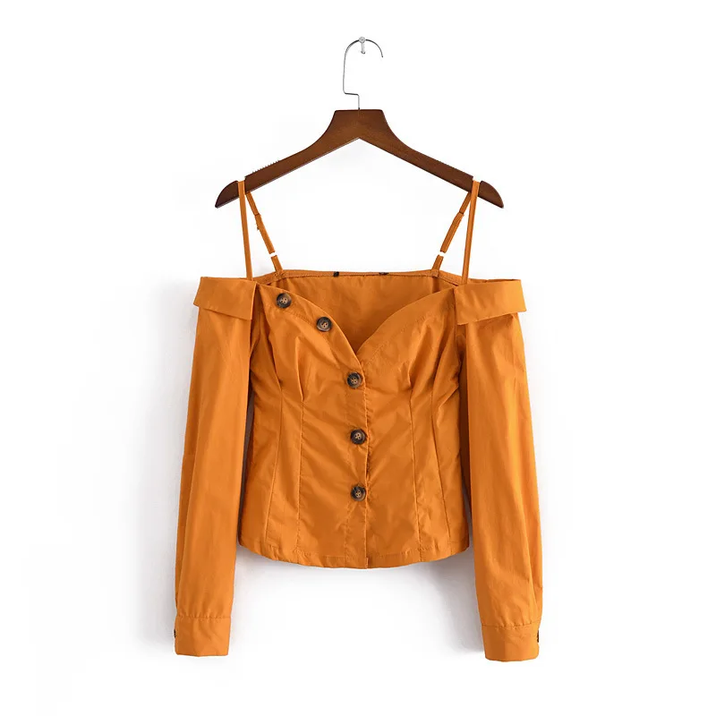 Spring/fall 2021 Women's Solid-color One-line Shirt With Slanting Neckline Buttons And Off-the-shoulder Straps, Slim And Short
Spring/fall 2021 Women's Solid-color One-line Shirt With Slanting Neckline Buttons And Off-the-shoulder Straps, Slim And Short