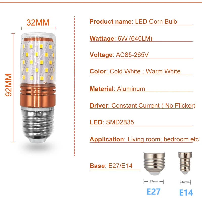 LED Bulb E27 110V 220V Corn Bulb Chandelier E14 LED Lamp 6W SMD2835 For Home Decoration High Brightness Energy Saving Lamp
LED Bulb E27 110V 220V Corn Bulb Chandelier E14 LED Lamp 6W SMD2835 For Home Decoration High Brightness Energy Saving Lamp